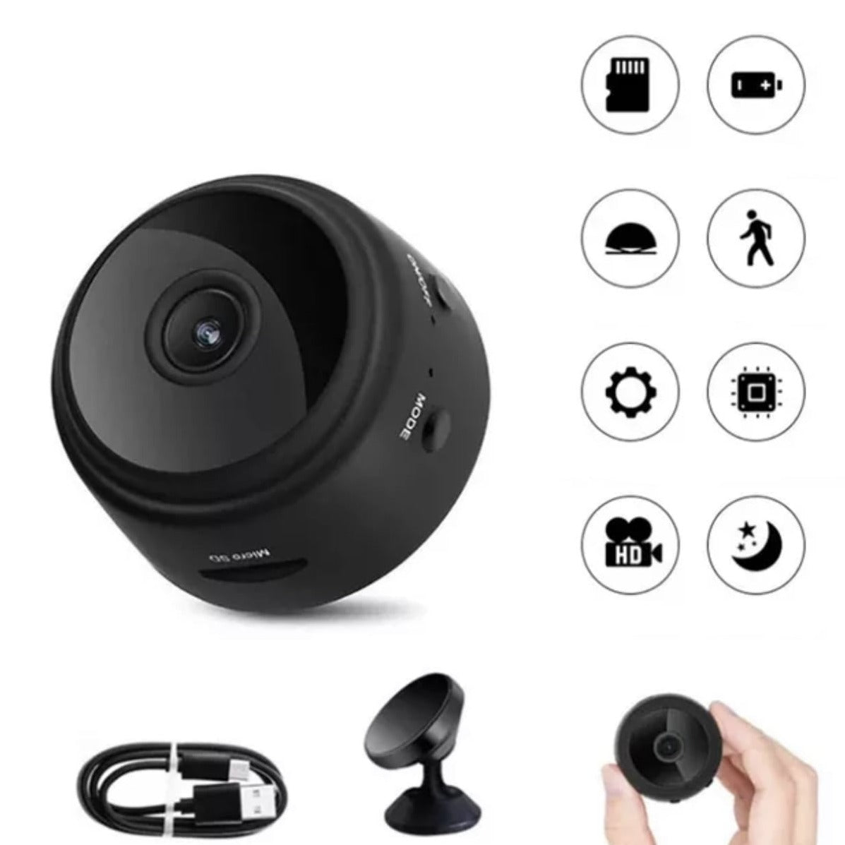 "Mini HD WiFi-kamera med 360° visning og diskret design i sort, passer perfekt til hjemmets sikkerhed."