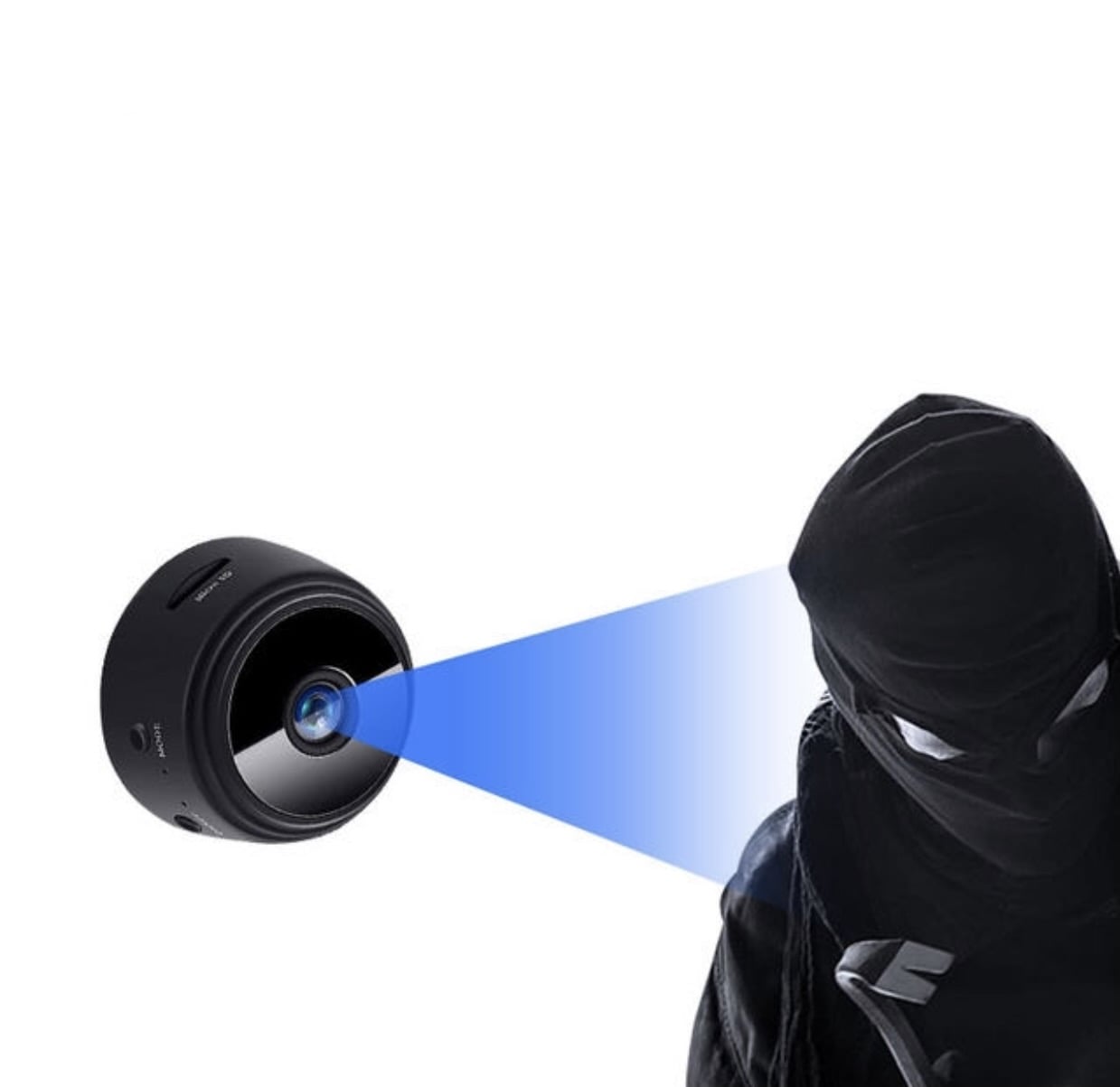 "Mini HD WiFi-kamera med 360° visning og diskret design i sort, passer perfekt til hjemmets sikkerhed."