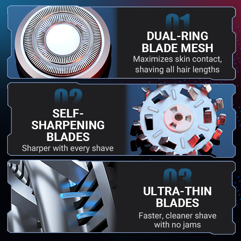 "Multifunktionel barbermaskine, IPX7 vandtæt, sort design, dobbeltringsblade, sikrer komfortabel og tæt barbering uden irrita