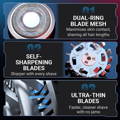 "Multifunktionel barbermaskine, IPX7 vandtæt, sort design, dobbeltringsblade, sikrer komfortabel og tæt barbering uden irrita