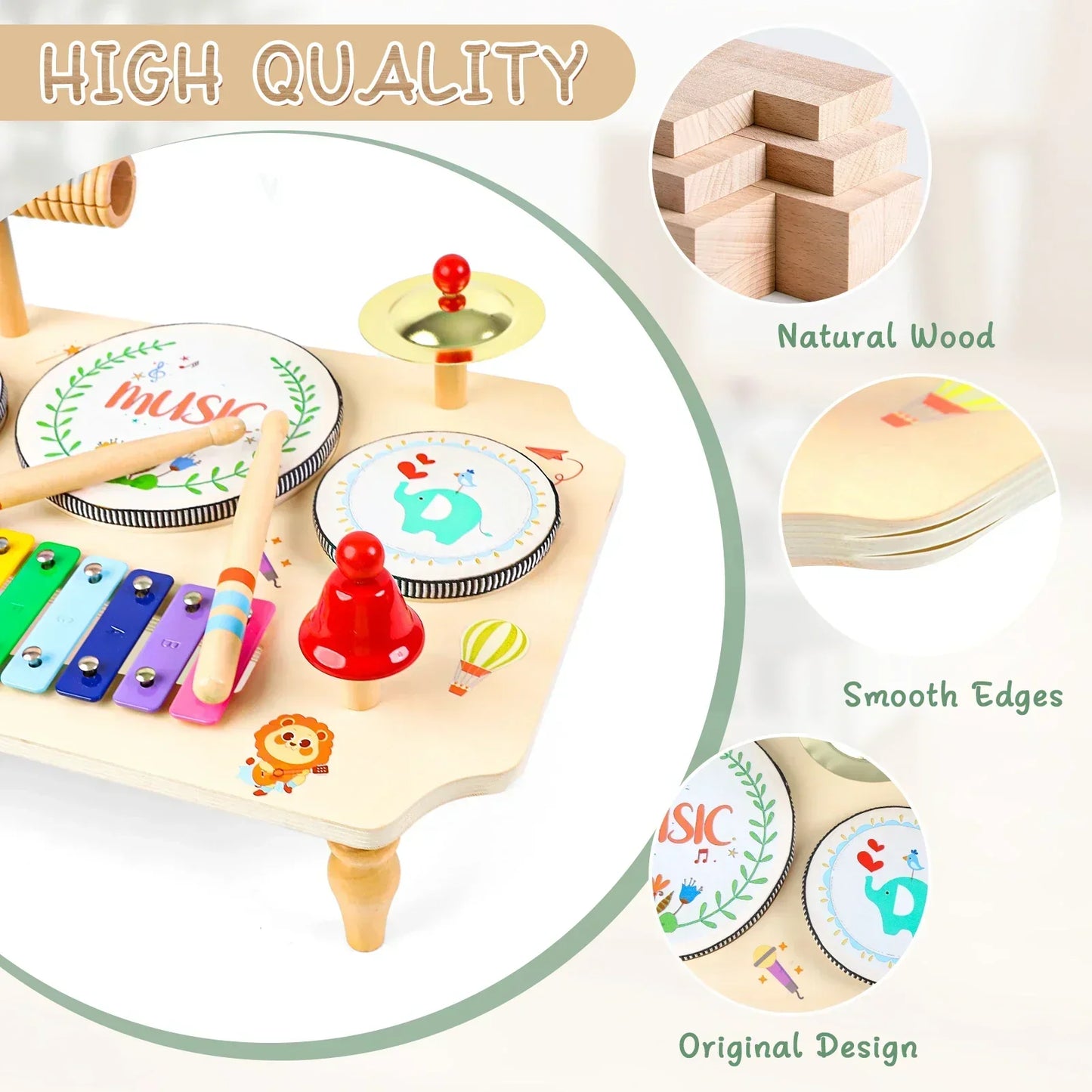 Musikinstrument-sæt i træ til børn med trommer og rytme, fremmer musikudvikling, sikker og miljøvenlig legetøj.