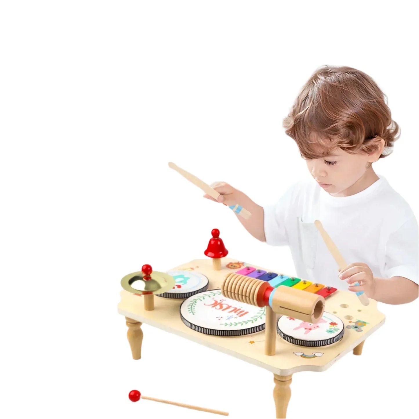 Musikinstrument-sæt i træ til børn med trommer og rytme, fremmer musikudvikling, sikker og miljøvenlig legetøj.