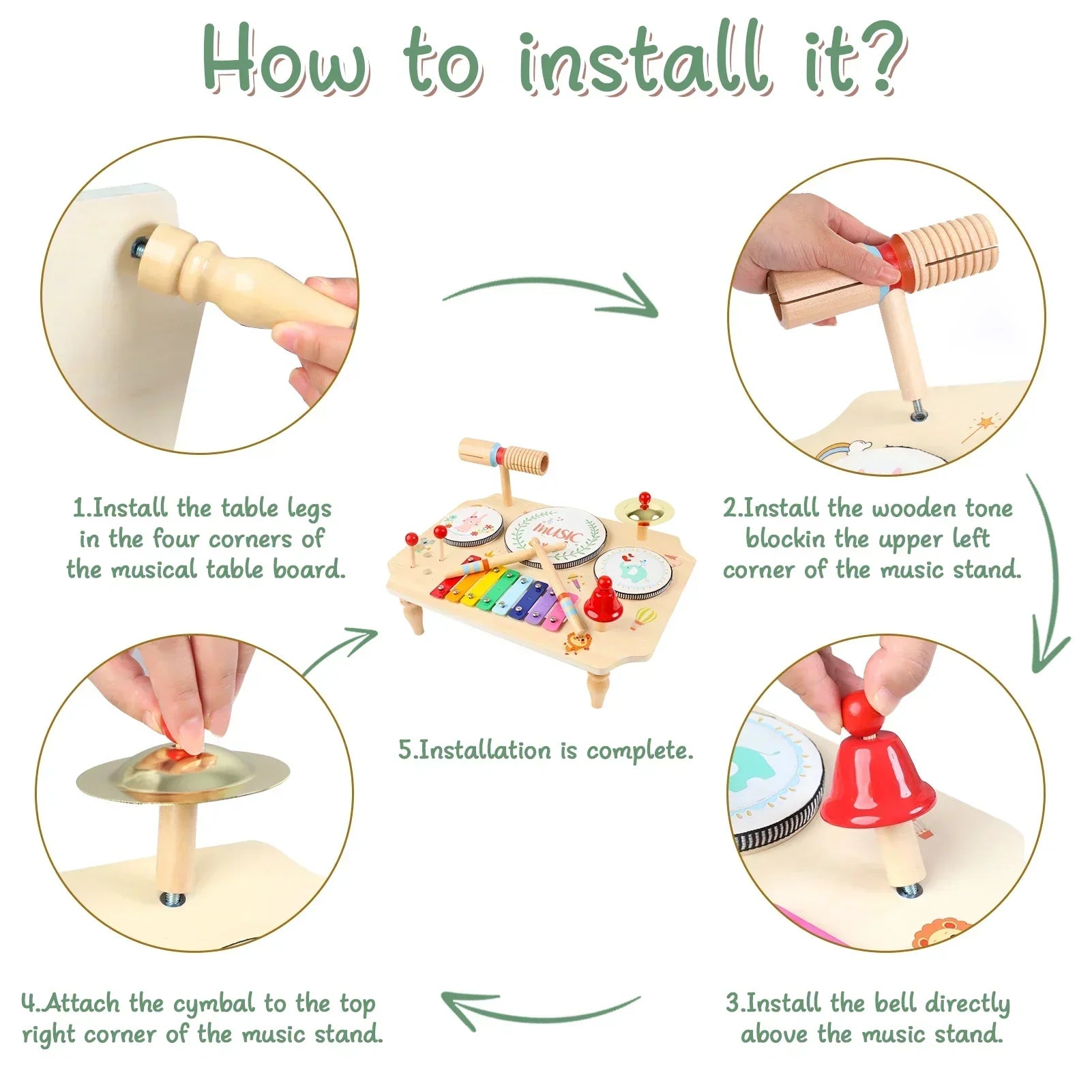 Musikinstrument-sæt i træ til børn med trommer og rytme, fremmer musikudvikling, sikker og miljøvenlig legetøj.