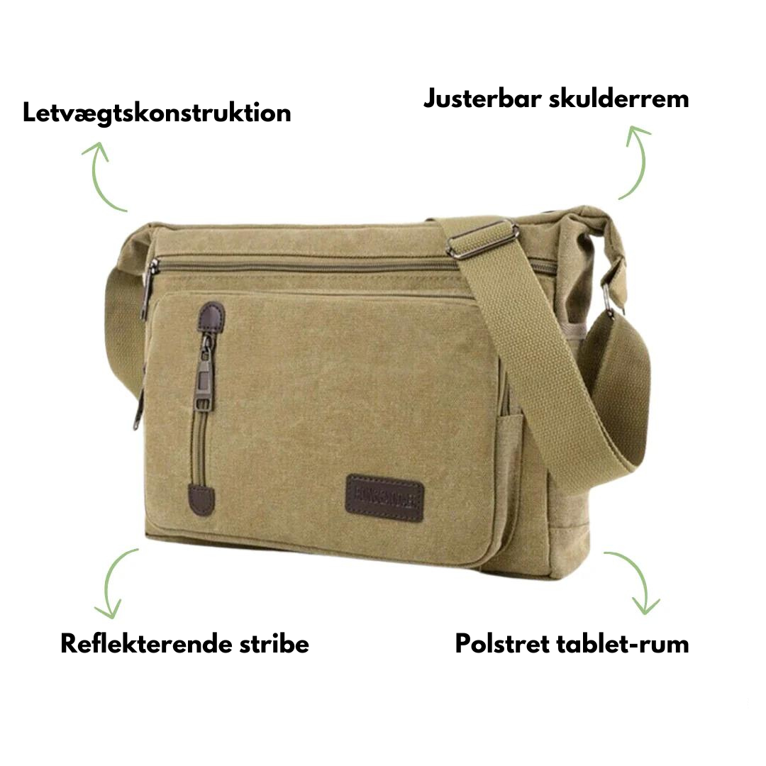 "Outdoor skuldertaske, rummelig og slidstærk i armygrøn. Perfekt til rejser, med justerbar skulderrem og unisex stil."