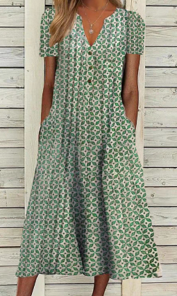 Patchwork kjole med V-udskæring, elegant og farverigt design, åndbart materiale, lige pasform, komfortabel bevægelse.