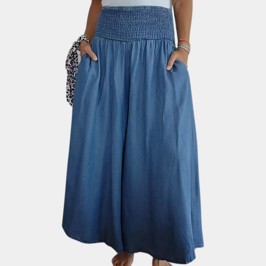 "Perla damebukser med høj talje, brede ben og elastisk linning, blå farve, moderne stil og komfortable design."