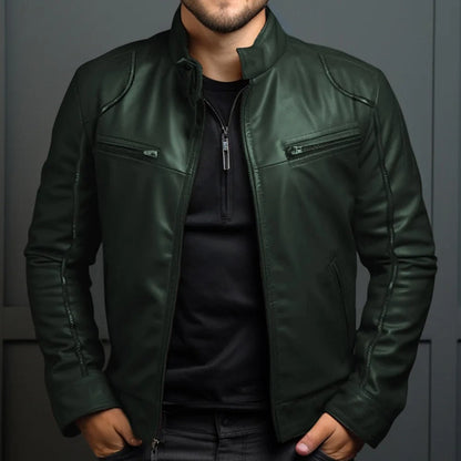 "Punkinspireret læderjakke til mænd med ståkrave, robuste lynlåse, sikker lommer og flot motorcykelstil."