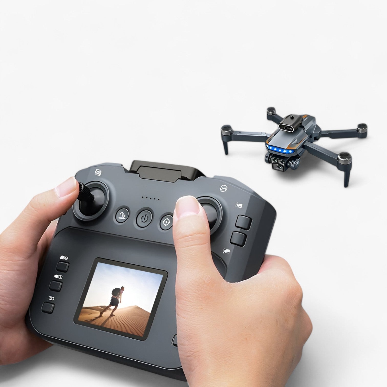 "RC drone med 8K kamera flyver i fri luft, letvægtsdesign i orange og sort, avanceret forhindringsundgåelse."