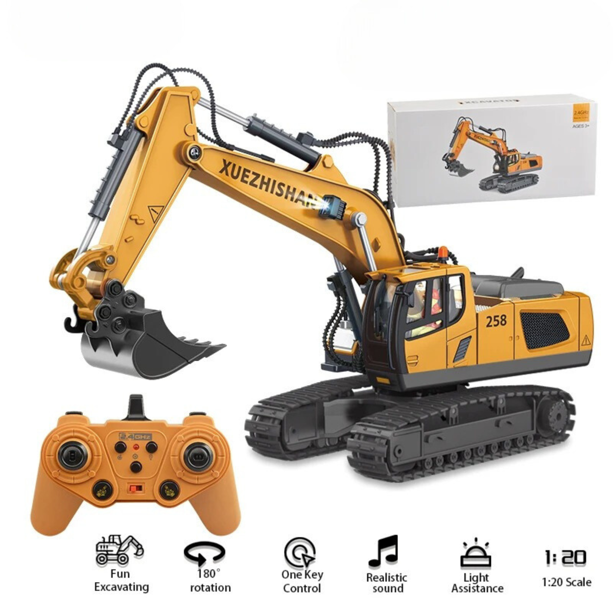 Realistisk RC-gravemaskine til børn i sand, med bevægelig gravearm og roterende førerhus, perfekt til udendørs leg.