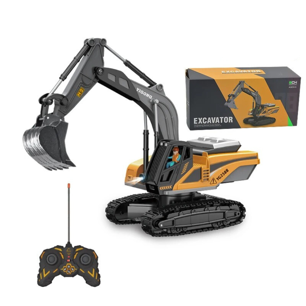 Realistisk RC-gravemaskine til børn i sand, med bevægelig gravearm og roterende førerhus, perfekt til udendørs leg.