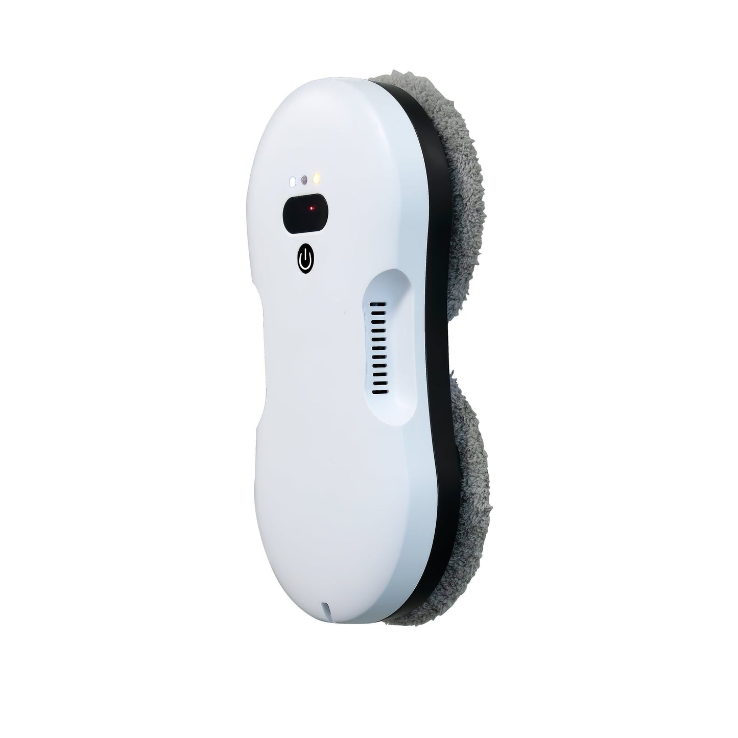 "Robotvinduesvasker med sensorer, grå krop og blå klude, fast på glasoverflade for stripefri rengøring."