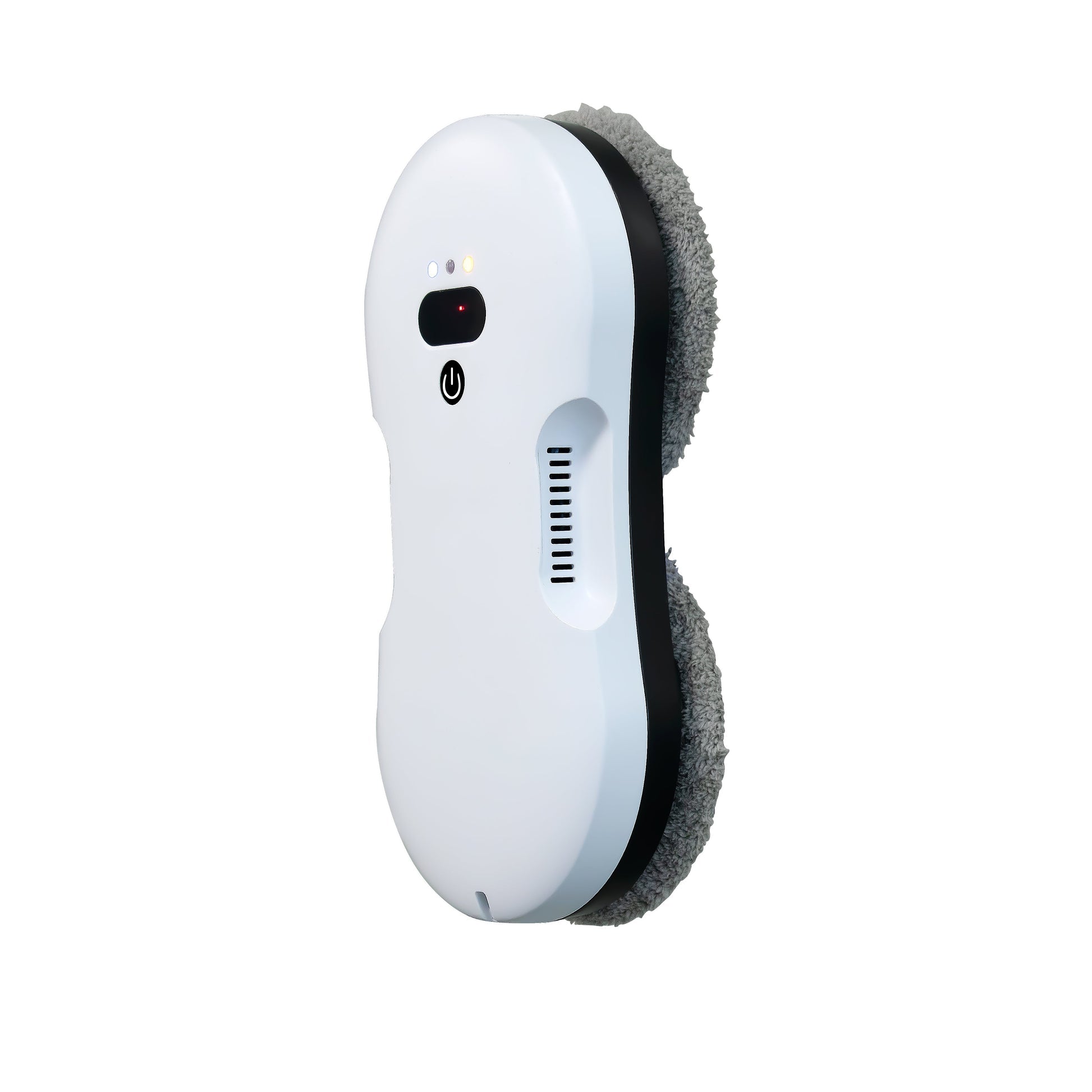 "Robotvinduesvasker med sensorer, grå krop og blå klude, fast på glasoverflade for stripefri rengøring."