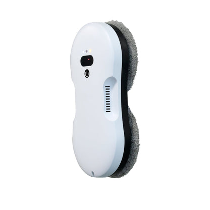 "Robotvinduesvasker med sensorer, grå krop og blå klude, fast på glasoverflade for stripefri rengøring."