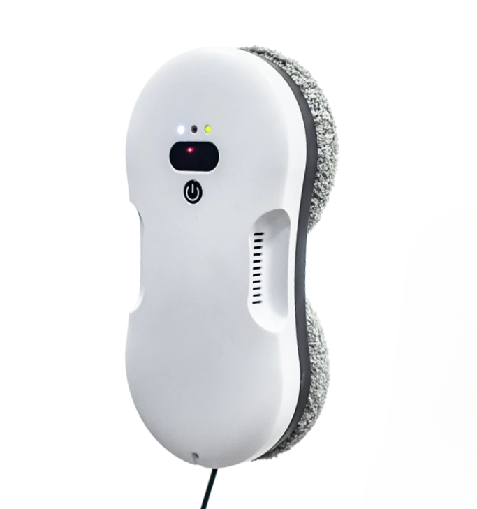 "Robotvinduesvasker med sensorer, grå krop og blå klude, fast på glasoverflade for stripefri rengøring."