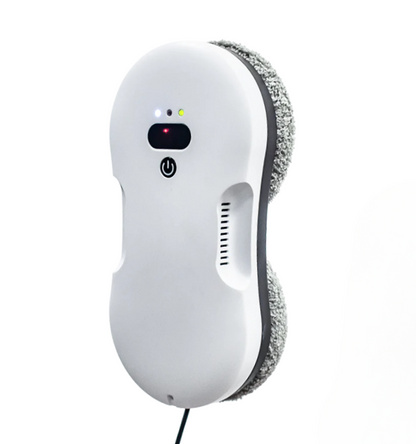 "Robotvinduesvasker med sensorer, grå krop og blå klude, fast på glasoverflade for stripefri rengøring."