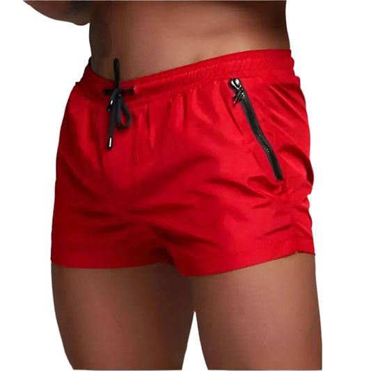 "Røde hurtigtørrende herre badeshorts med lommeklap, justerbar snøre og elastisk linning"