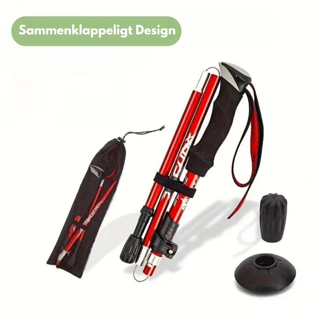 "Sammenklappelig let vandrestok i aluminium, justerbar længde, ideel til alle terræner med praktisk håndledsrem."