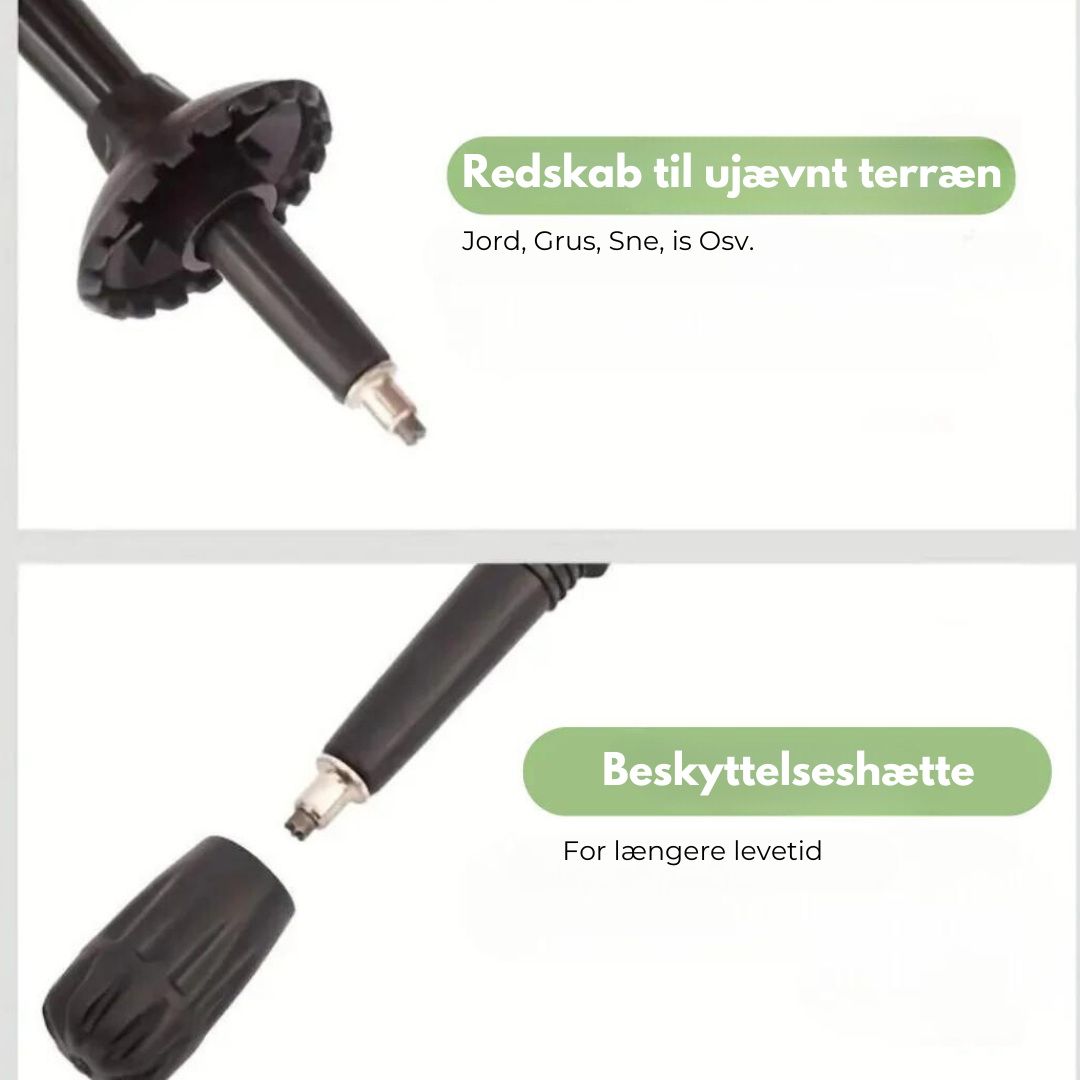 "Sammenklappelig let vandrestok i aluminium, justerbar længde, ideel til alle terræner med praktisk håndledsrem."