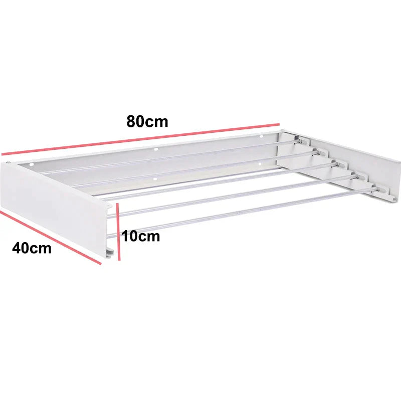 "Sammenklappelig væghængt tøjhest i jern til indendørs/udendørs brug, pladsbesparende og elegant design, EcoDry."