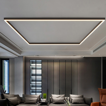"Skandinavisk LED-loftslampe i moderne design med lysende aluminiums- og akrylelementer til stue eller kontor."