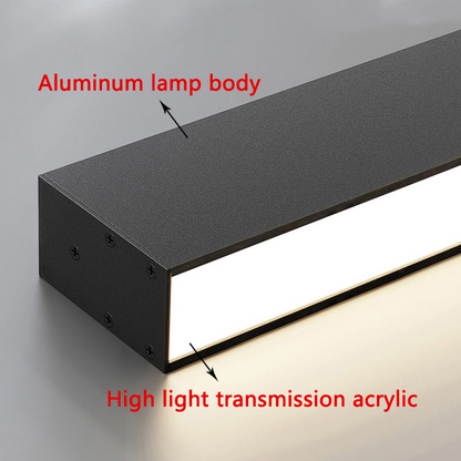 "Skandinavisk LED-loftslampe i moderne design med lysende aluminiums- og akrylelementer til stue eller kontor."