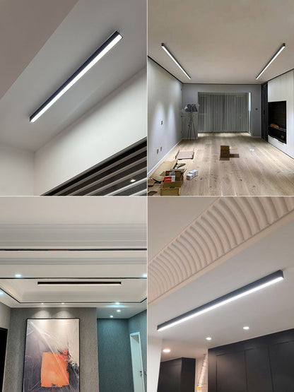 "Skandinavisk LED-loftslampe i moderne design med lysende aluminiums- og akrylelementer til stue eller kontor."