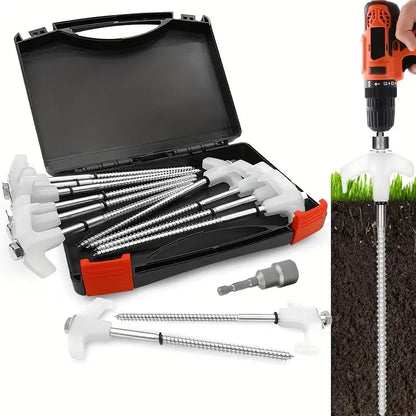 "Skrubare stålpløkker i sæt af 12, med riflet overflade, nem installation, og stormsikker stabilitet til campingbrug."