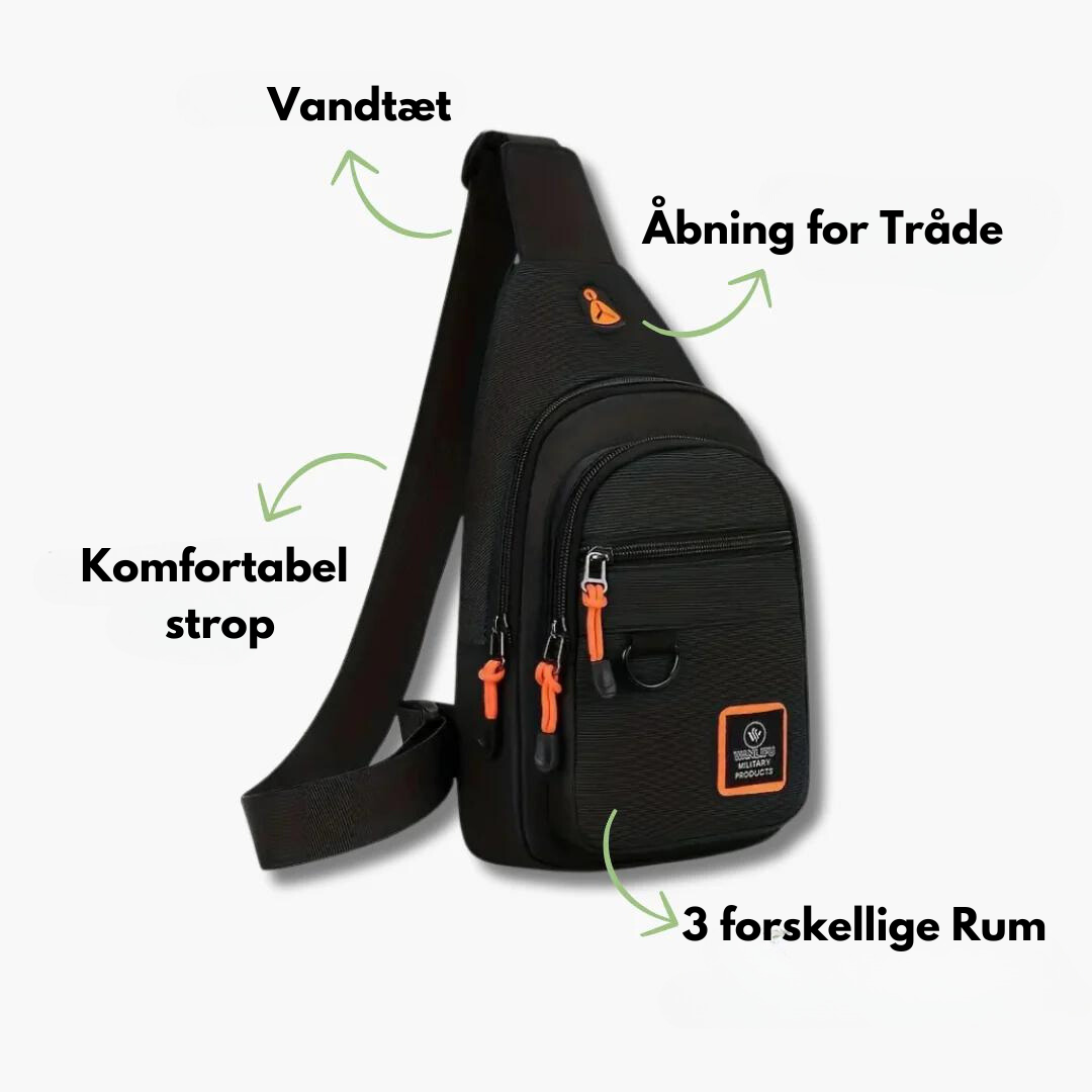 "Skuldertaske til mænd i slidstærkt nylon med justerbar rem og tre rum, ideel til eventyrere på farten, findes i sort, blå, g