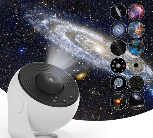 "Sky LED stjerneprojektor med galakseeffekter, kompakt design, skaber stjernehimmel i hjemmet, justerbar lyssætning."