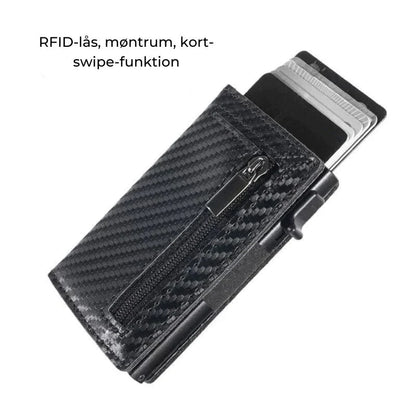 "Slank RFID-pung i carbon-sort med avanceret NFC-blokering, slank, holdbar, sikker til daglig brug og stilfuld accessory."