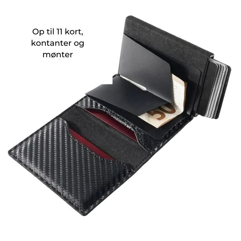 "Slank RFID-pung i carbon-sort med avanceret NFC-blokering, slank, holdbar, sikker til daglig brug og stilfuld accessory."