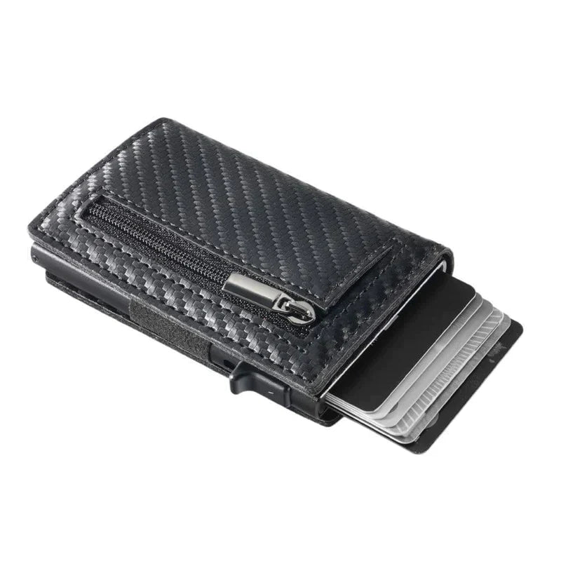 "Slank RFID-pung i carbon-sort med avanceret NFC-blokering, slank, holdbar, sikker til daglig brug og stilfuld accessory."