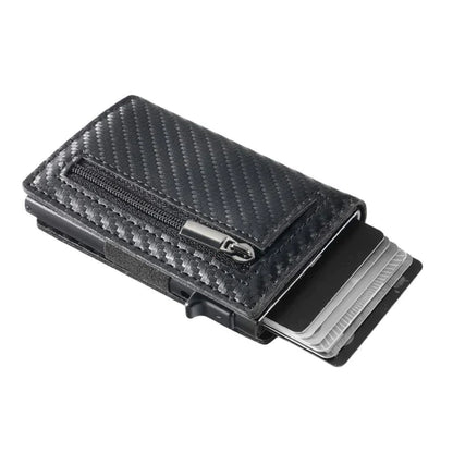 "Slank RFID-pung i carbon-sort med avanceret NFC-blokering, slank, holdbar, sikker til daglig brug og stilfuld accessory."