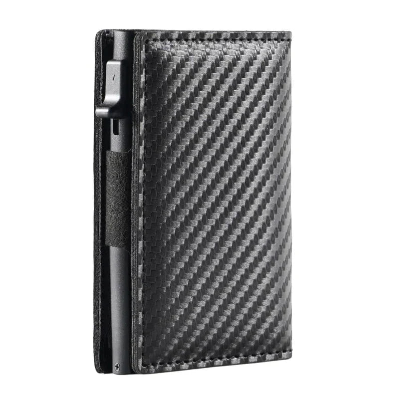 "Slank RFID-pung i carbon-sort med avanceret NFC-blokering, slank, holdbar, sikker til daglig brug og stilfuld accessory."