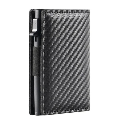 "Slank RFID-pung i carbon-sort med avanceret NFC-blokering, slank, holdbar, sikker til daglig brug og stilfuld accessory."