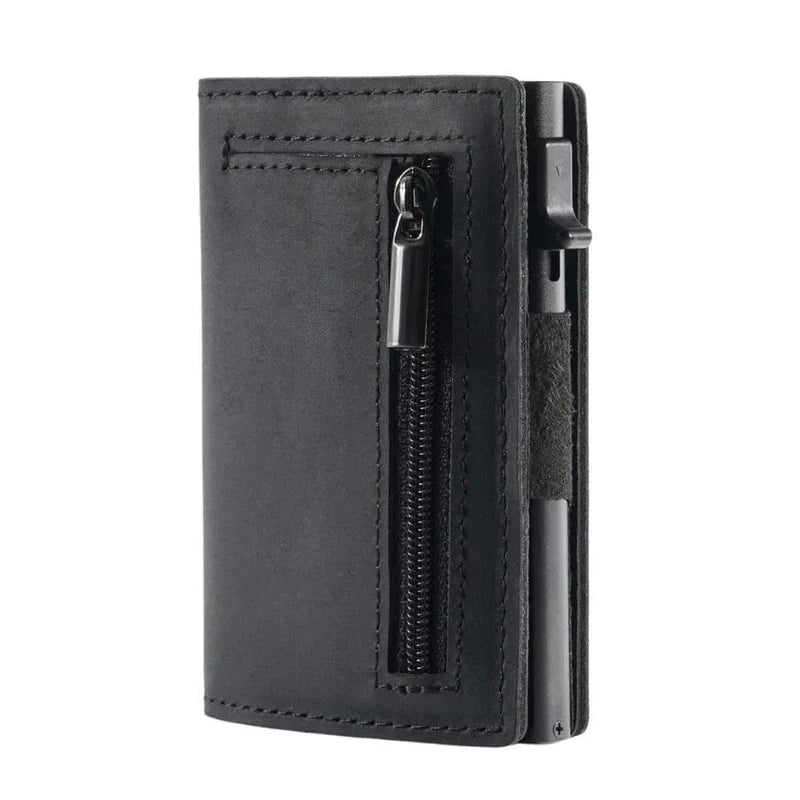 "Slank RFID-pung i carbon-sort med avanceret NFC-blokering, slank, holdbar, sikker til daglig brug og stilfuld accessory."