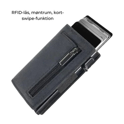 "Slank RFID-pung i carbon-sort med avanceret NFC-blokering, slank, holdbar, sikker til daglig brug og stilfuld accessory."