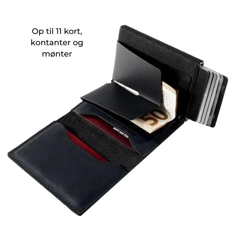 "Slank RFID-pung i carbon-sort med avanceret NFC-blokering, slank, holdbar, sikker til daglig brug og stilfuld accessory."