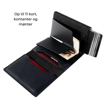 "Slank RFID-pung i carbon-sort med avanceret NFC-blokering, slank, holdbar, sikker til daglig brug og stilfuld accessory."