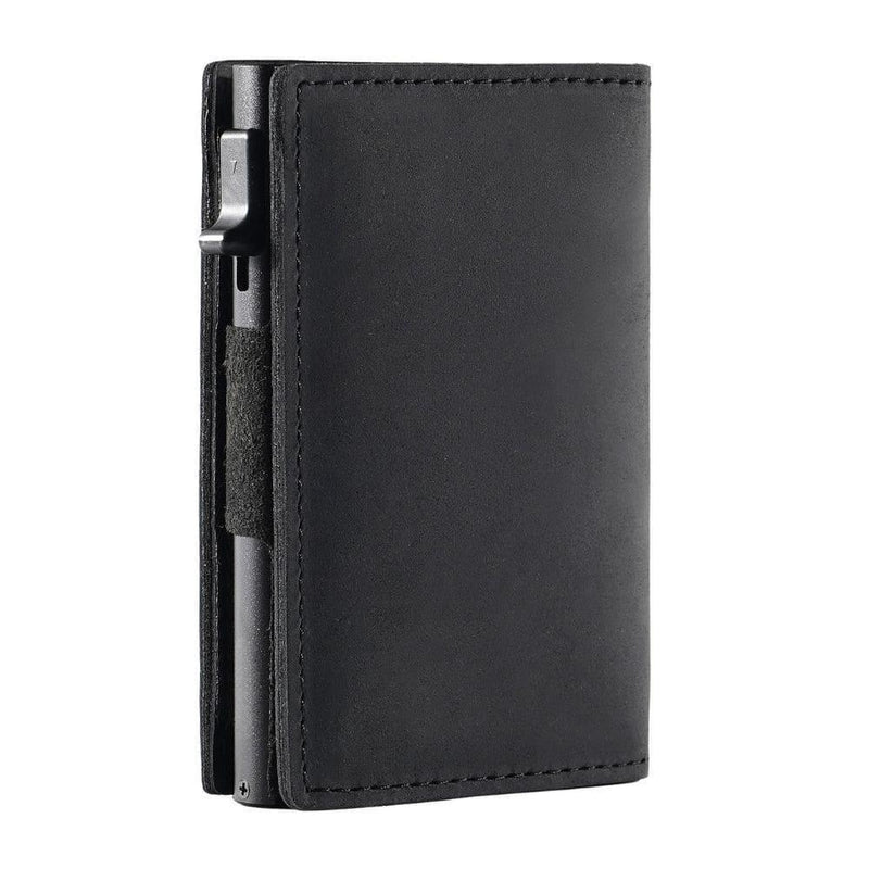 "Slank RFID-pung i carbon-sort med avanceret NFC-blokering, slank, holdbar, sikker til daglig brug og stilfuld accessory."