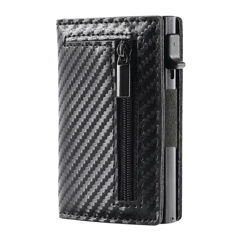 "Slank RFID-pung i carbon-sort med avanceret NFC-blokering, slank, holdbar, sikker til daglig brug og stilfuld accessory."