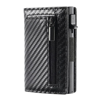 "Slank RFID-pung i carbon-sort med avanceret NFC-blokering, slank, holdbar, sikker til daglig brug og stilfuld accessory."