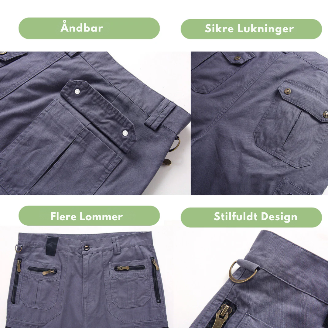 "Slidstærke outdoor cargo shorts til mænd, hurtigtørrende, med flere lommer, i grå polyester til udendørs aktiviteter."