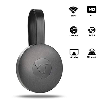 "Sort Chromecast med HDMI-port til 1080p HD streaming; kompakt design, perfekt til stueindretning, trådløs forbindelse."