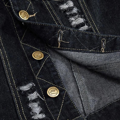 "Sort denimvest til mænd med gyldne knapper og brystlommer, retro look, egnet til hverdagsbrug og afslappede lejligheder."