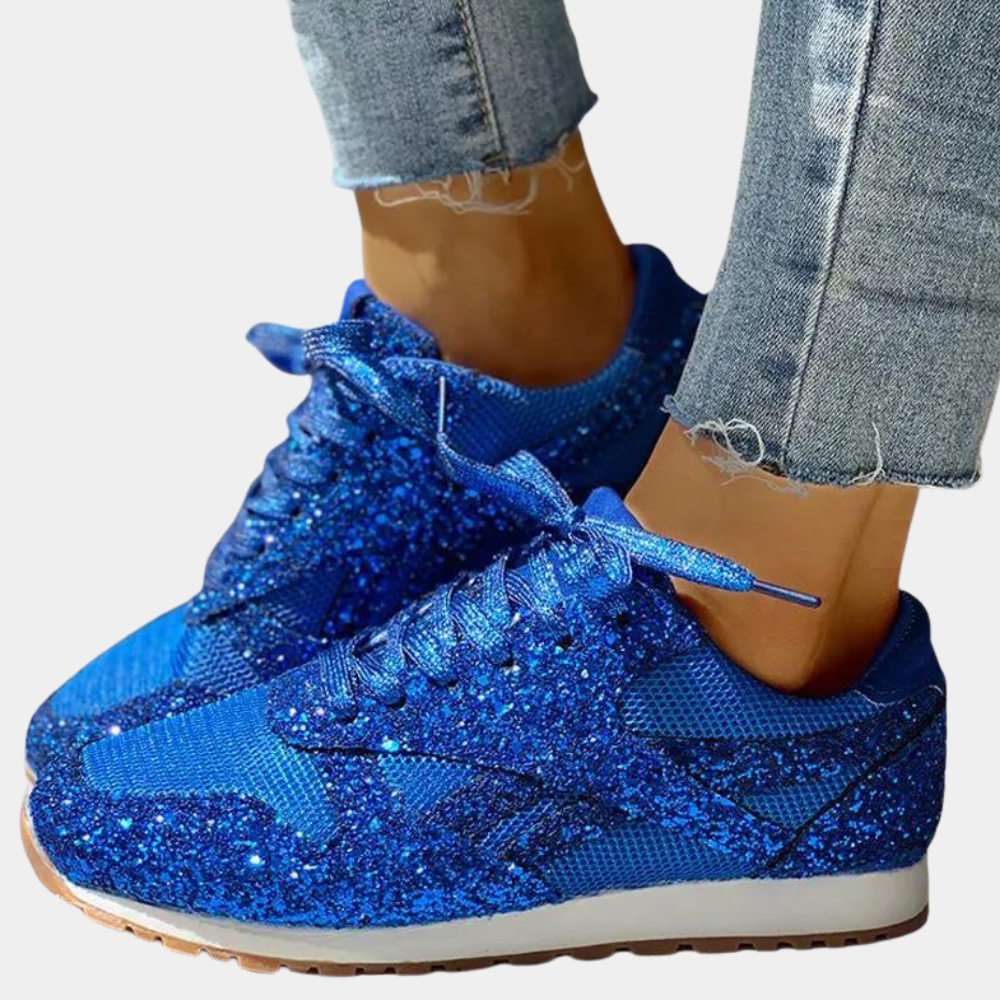 Sort glitrende sportssko til kvinder med pailletter og polstrede såler. Ideelle til træning og sociale begivenheder.