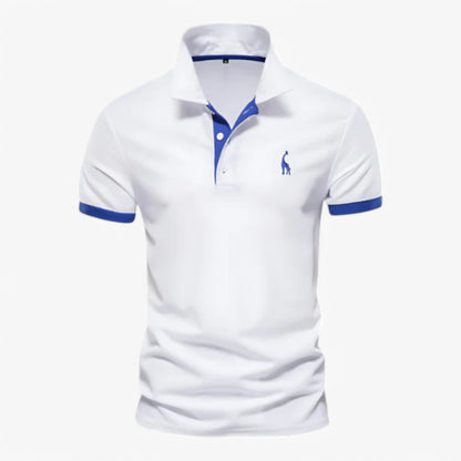 "Sort herre polo i strækbar piqué-bomuld; klassisk pasform og elegance, perfekt til fritid og formelle begivenheder."