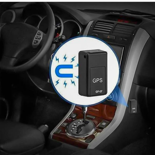 "Sort, kompakt GPS-tracker med magnetisk design til realtidspositionering og lydoptagelse, perfekt til biler og cykler."