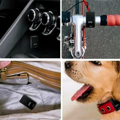 "Sort, kompakt GPS-tracker med magnetisk design til realtidspositionering og lydoptagelse, perfekt til biler og cykler."