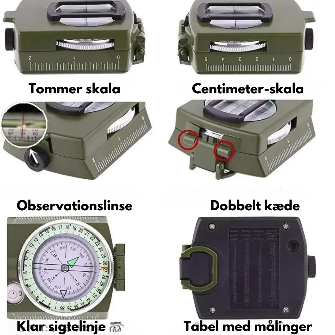 "Sort robust militærkompas i zinklegering med bæresnor, væskefyldt for præcise målinger og let transportabelt design."
